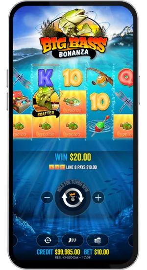 Big Bass Bonanza win screen displaying a twenty dollar payout with line eight paying ten dollars
